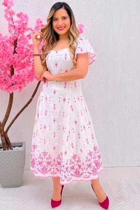 Vestido Midi em Laise de Algodão com Bordados Rosas